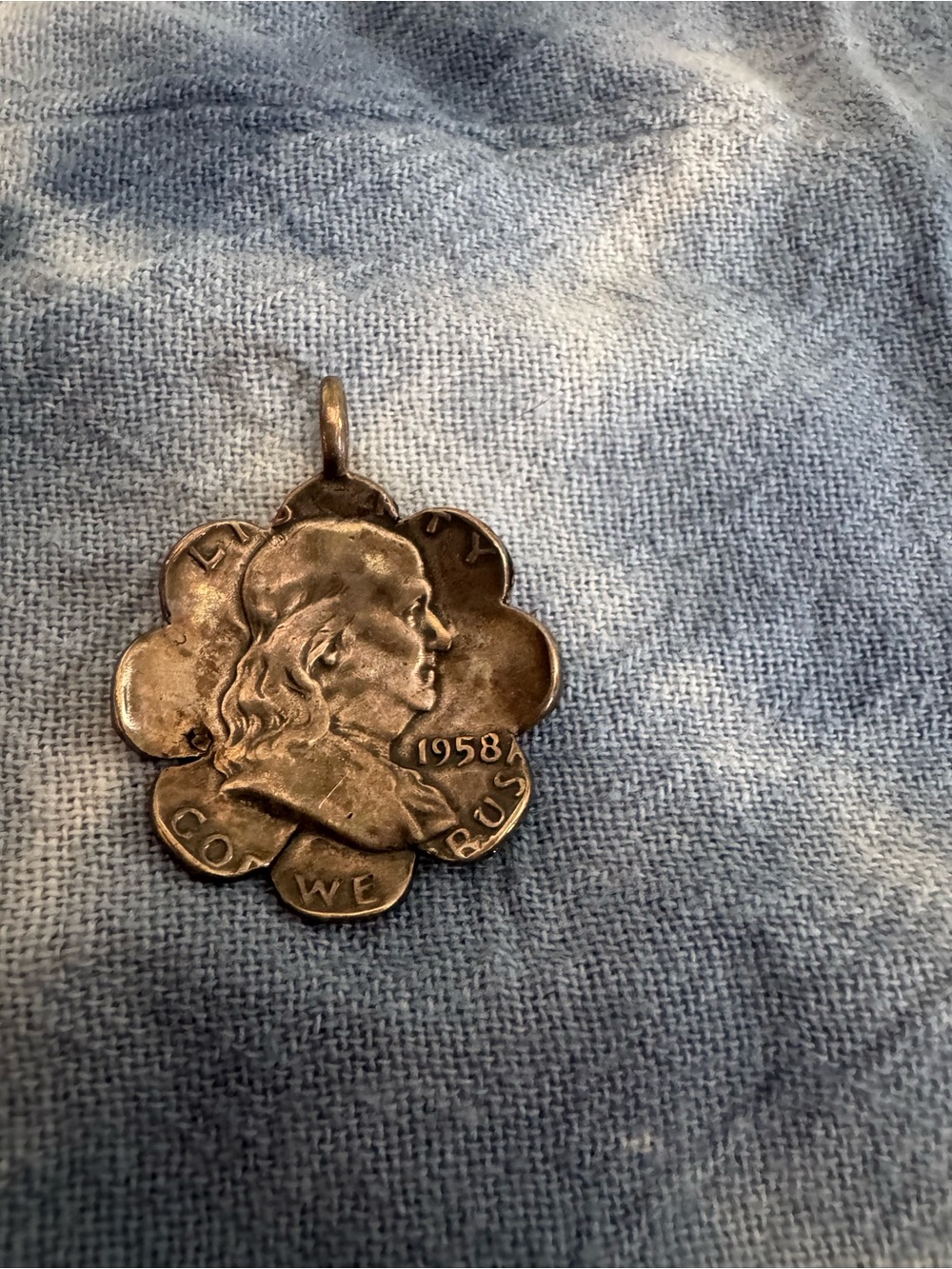 Vintage 1958 Coin Pendant Necklace in Antique Copper / daisy - sterling
